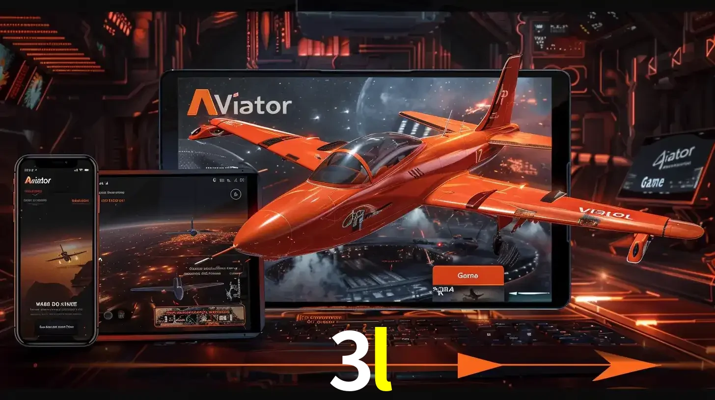 Apresentação tecnológica do jogo Aviator com um avião saindo da tela de um tablet, demonstrando a experiência imersiva em múltiplos dispositivos no 3l.