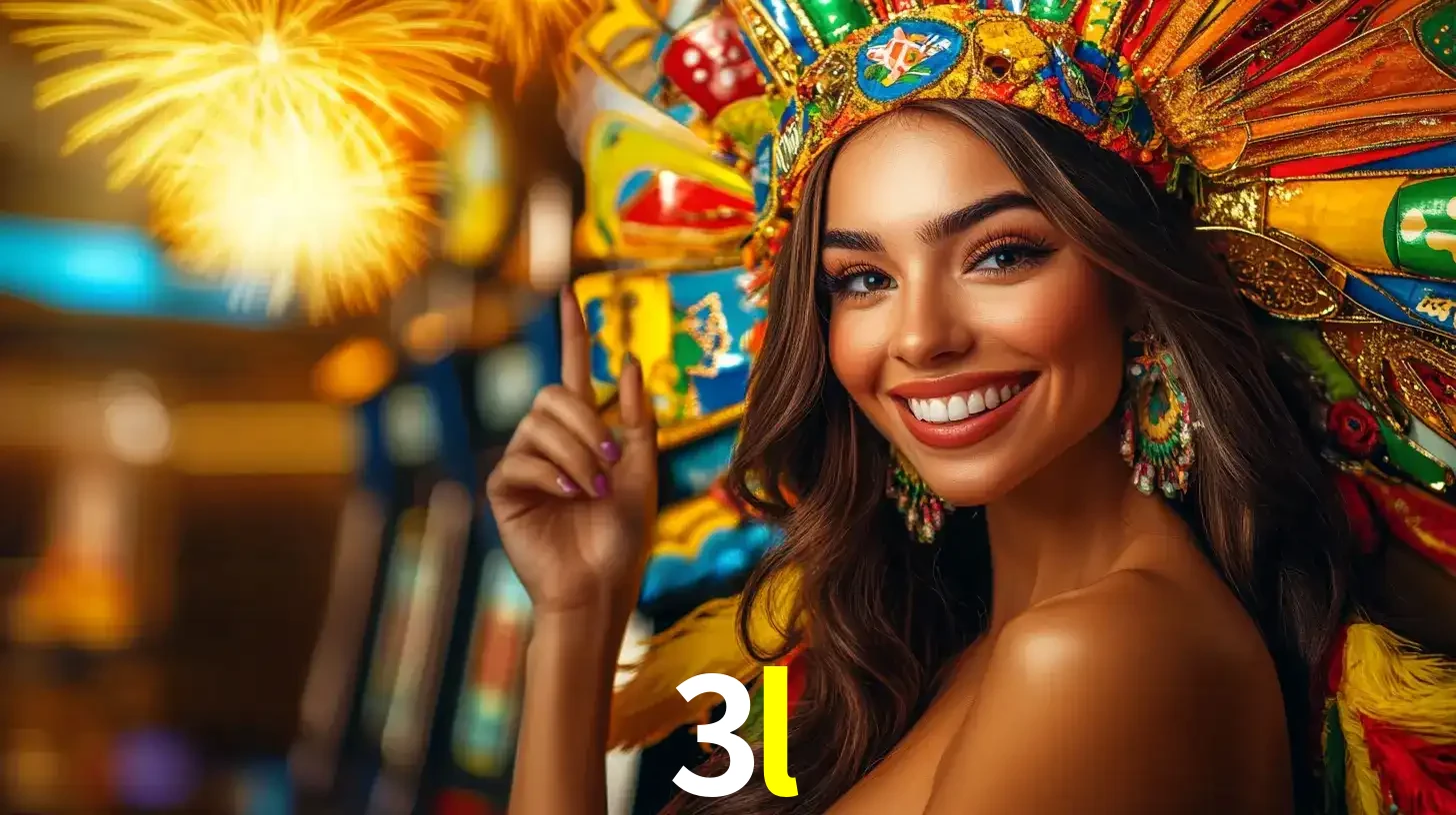 Mulher sorridente com um cocar de carnaval vibrante e colorido, celebrando uma grande vitória nos jogos do cassino 3l com fogos de artifício ao fundo.