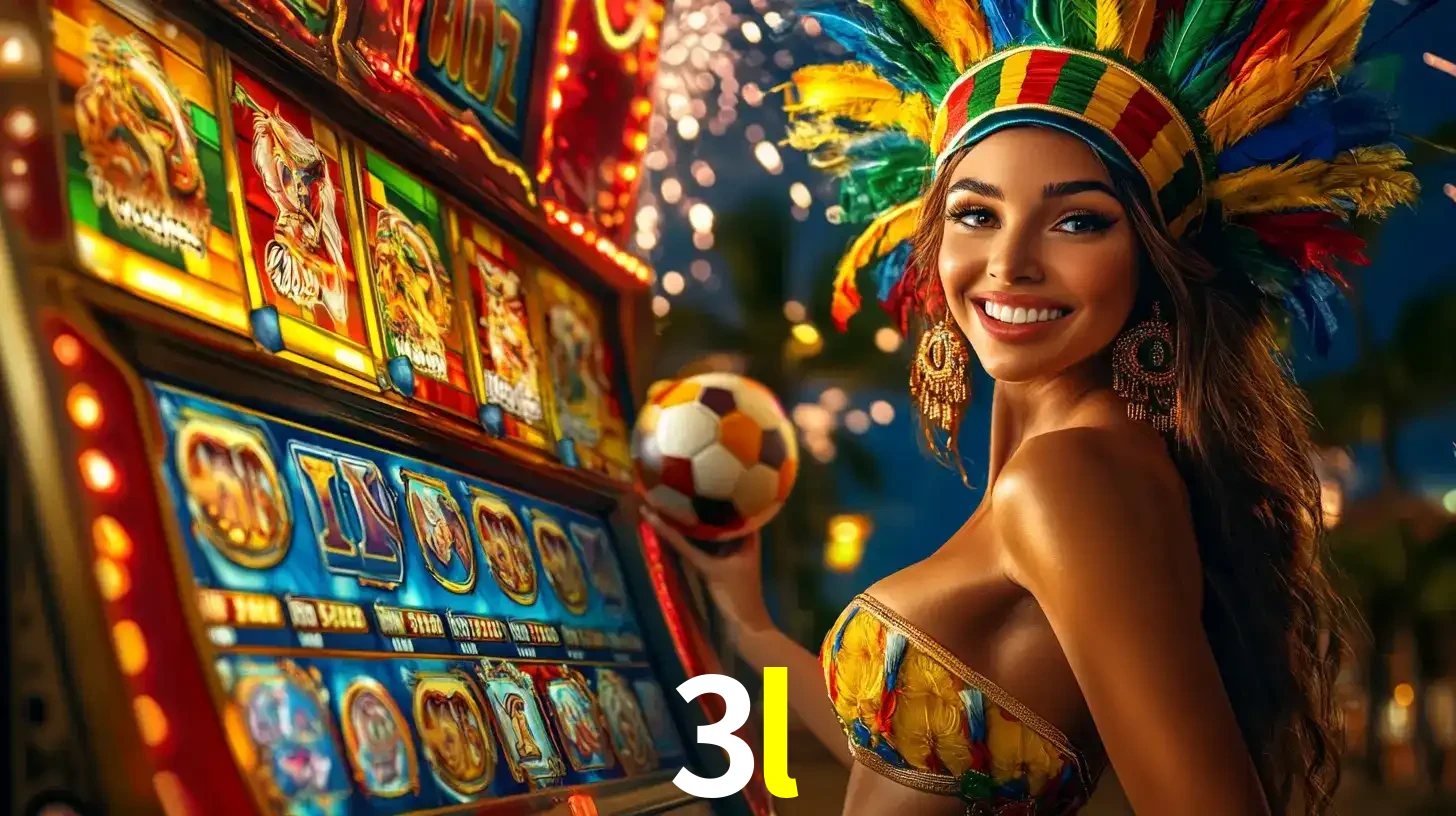 Mulher com um cocar de carnaval ao lado de uma máquina de caça-níqueis enquanto segura uma bola de futebol, mostrando a união da diversão de cassino e esportes no 3l.