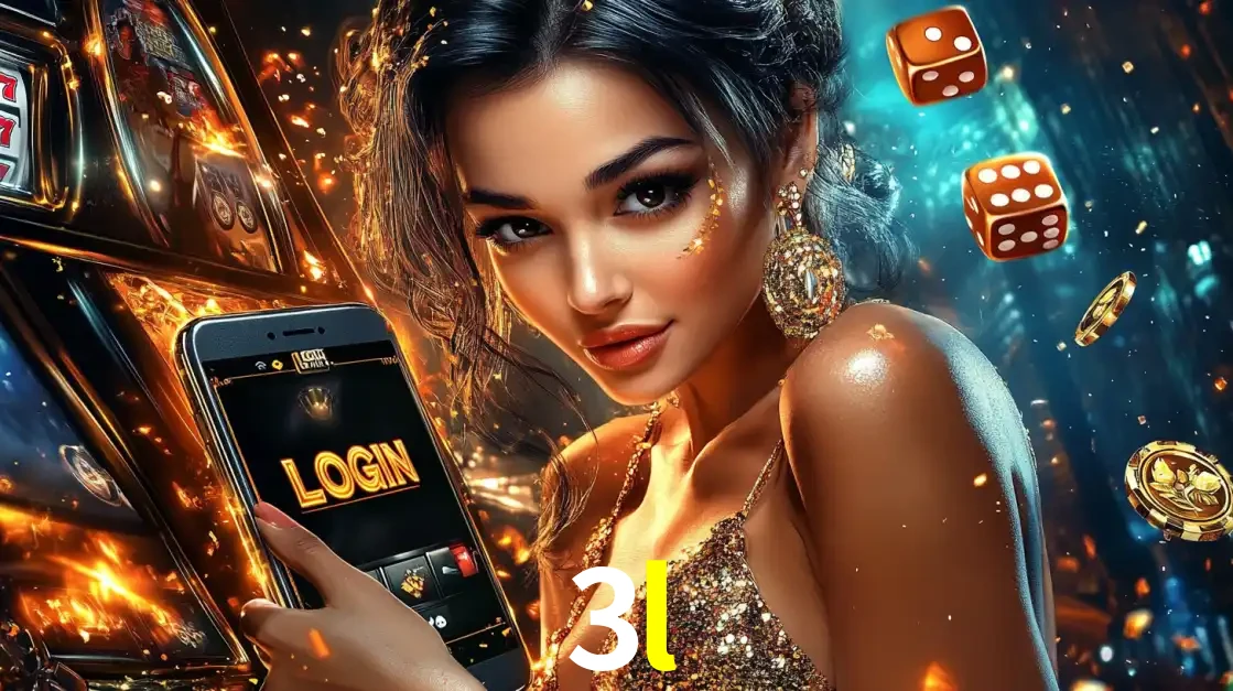 Mulher glamourosa segurando um celular com a tela de login do cassino 3l, rodeada por dados e moedas douradas, pronta para começar a diversão.