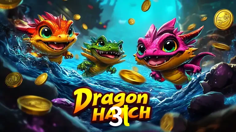 Arte promocional do jogo Dragon Hatch com três adoráveis dragões bebês nadando entre moedas de ouro, um dos slots mais divertidos para jogar no cassino 3l.