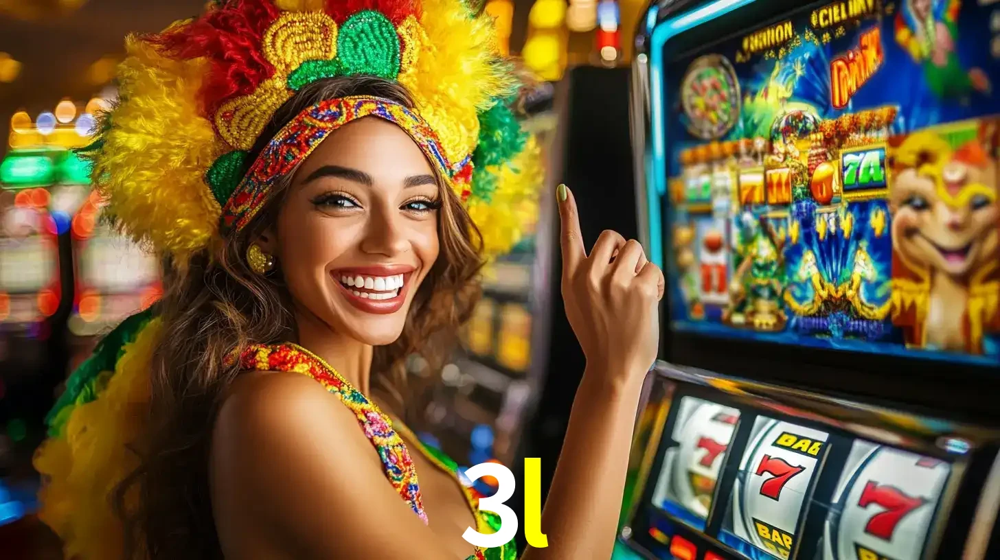 Mulher animada com um cocar de carnaval apontando para uma máquina de caça-níqueis, mostrando a emoção de ganhar um grande prêmio nos jogos do 3l.
