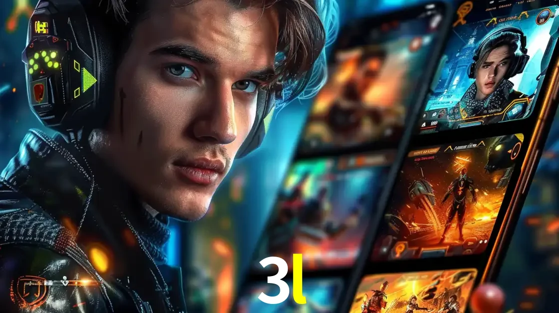 Jovem jogador com fones de ouvido olhando para a câmera, com um aplicativo de jogos e e-sports para celular ao fundo, pronto para a competição e apostas no 3l.