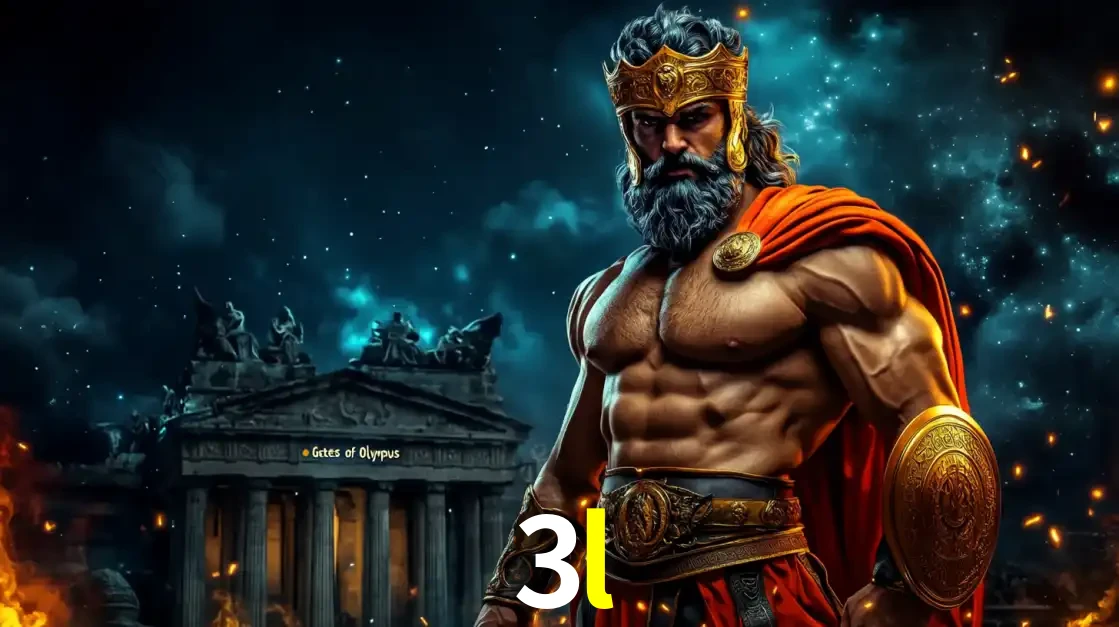 O poderoso Zeus do jogo de slot Gates of Olympus em frente ao seu templo, pronto para lançar multiplicadores divinos e prêmios épicos no cassino online 3l.