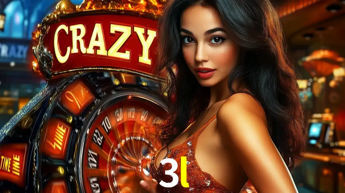 Mulher glamourosa olhando para a câmera com a roda vermelha do Crazy Time ao fundo em um ambiente de cassino, destacando a emoção dos jogos ao vivo no 3l.