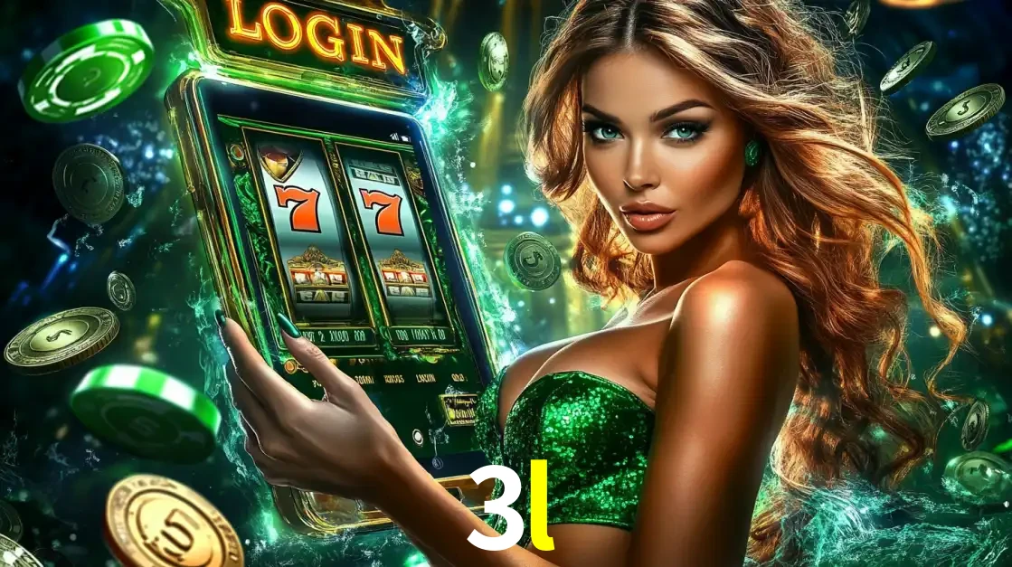 Mulher com tema verde apresentando o aplicativo do cassino 3l com um jogo de slot de 777, cercada por fichas de cassino e uma aura de sorte.