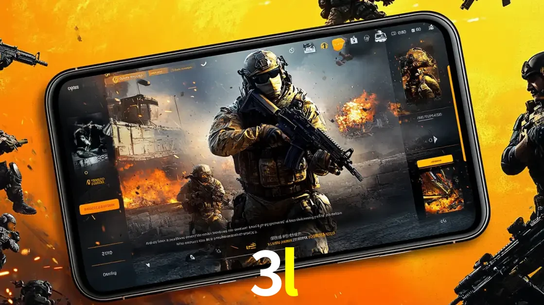 Um smartphone exibindo a interface de um jogo de tiro em primeira pessoa, com um soldado em um cenário de batalha, representando a ação dos e-sports para apostar no 3l.