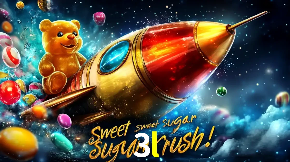 Arte promocional do jogo de slot Sugar Rush, com um urso de pelúcia em um foguete viajando pelo espaço de doces, um dos jogos divertidos disponíveis no cassino 3l.