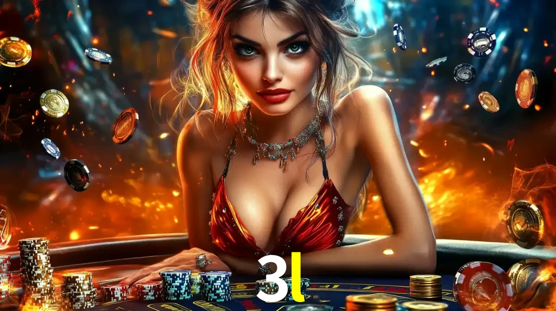 Mulher em uma mesa de cassino com pilhas de fichas e um fundo de fogo, pronta para uma rodada de altas apostas nos jogos de mesa emocionantes do cassino 3l.