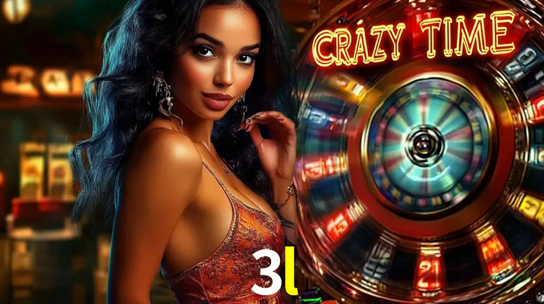 Mulher elegante ao lado da vibrante roda da fortuna do jogo de cassino ao vivo Crazy Time, um dos game shows mais populares e cheios de prêmios do 3l.