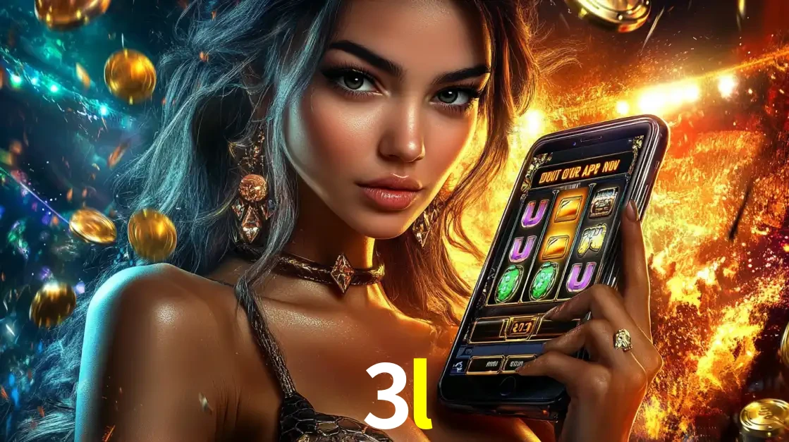 Mulher elegante mostrando um jogo de caça-níqueis em seu smartphone, destacando a experiência de cassino móvel oferecida pelo aplicativo 3l.