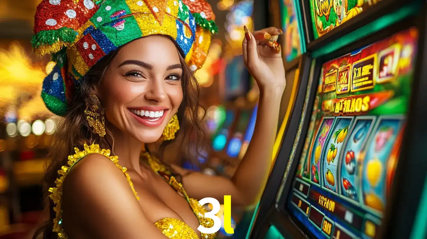 Mulher feliz com traje de carnaval amarelo e colorido ao lado de uma máquina de caça-níqueis, aproveitando a diversão e os jogos temáticos do cassino 3l.