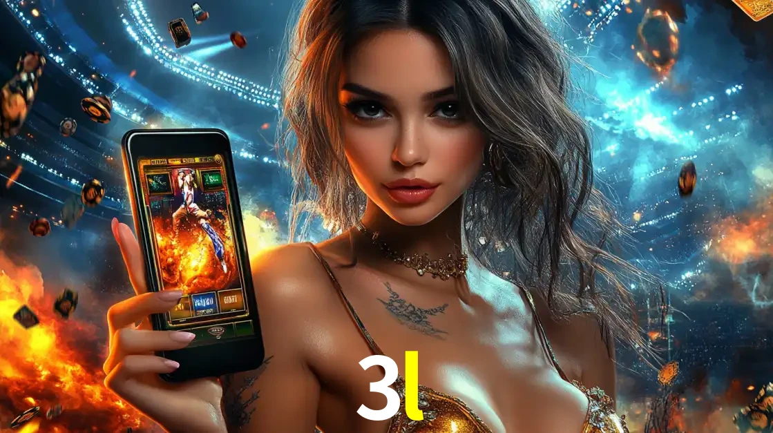Mulher segurando um celular com um jogo de slot em destaque, tendo como fundo um estádio vibrante, simbolizando a emoção de jogar no cassino móvel 3l.