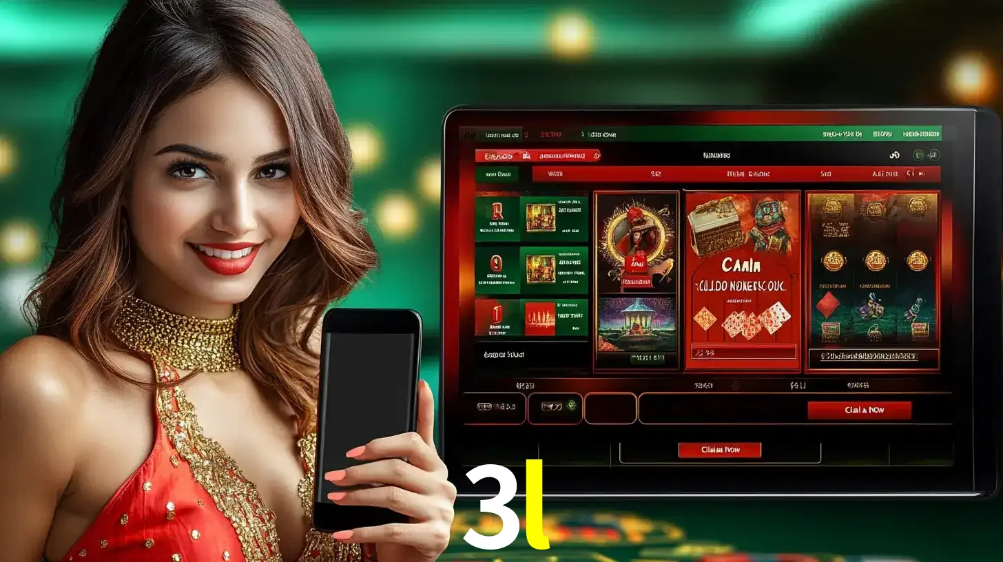 Mulher sorridente segurando um smartphone, ao lado de uma tela exibindo o lobby de jogos do cassino online 3l, com várias opções de jogos de cartas e slots.